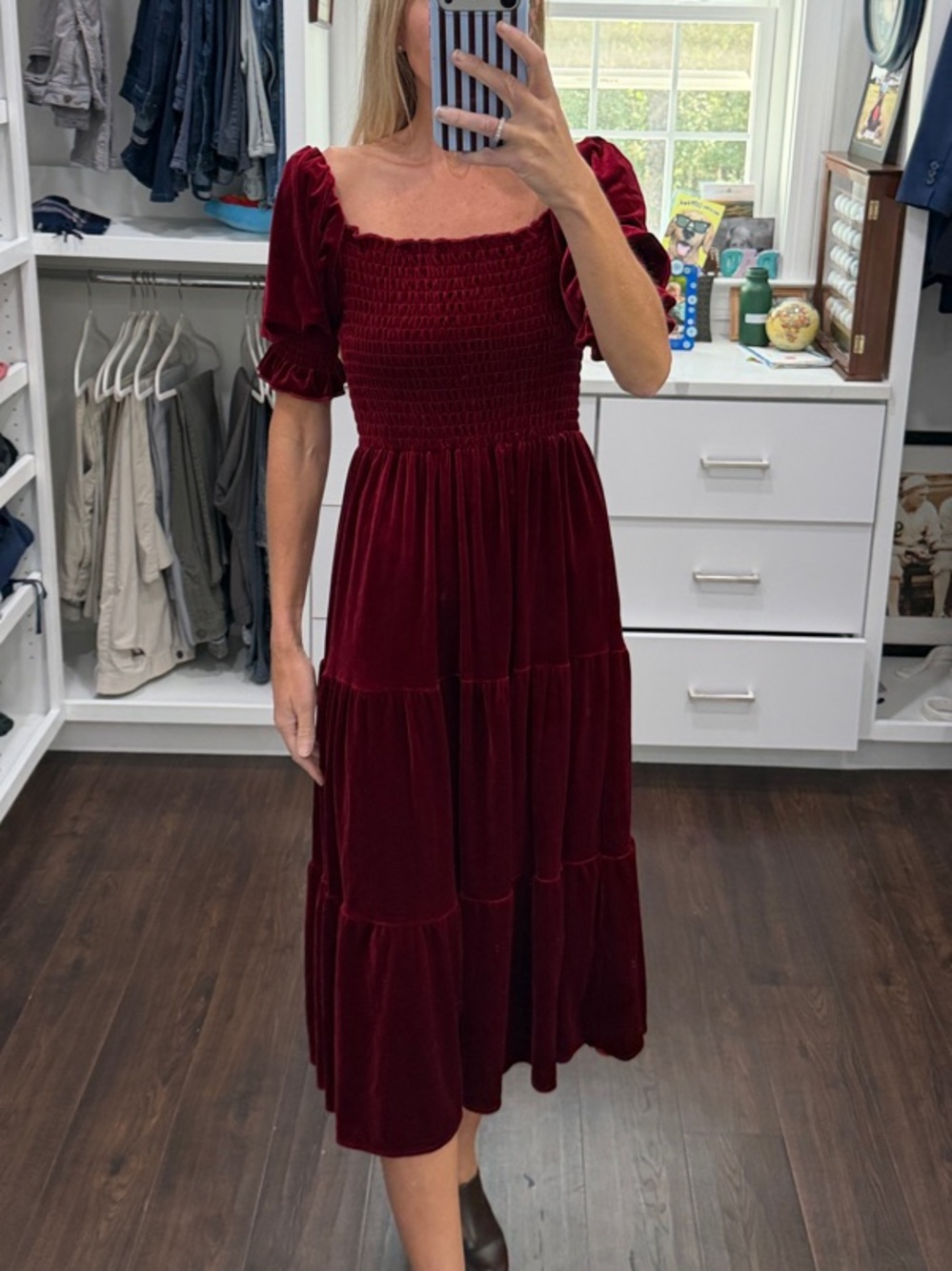 Amazon Smocked Velvet Midi Dress in Burgundy S